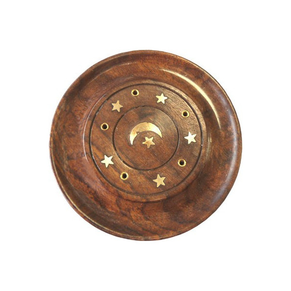 Porte encens batons et cônes bois et laiton motif lune & étoiles. Porte encens batons et cônes bois et laiton motif lune & étoiles.