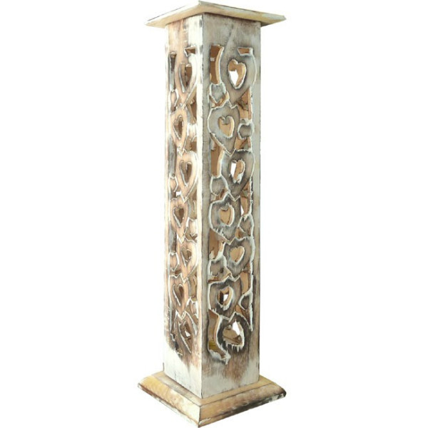 Porte encens colonne en bois ciselé motifs coeurs. Porte encens colonne en bois ciselé motifs coeurs.