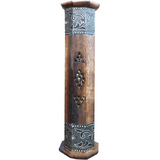 Porte encens colonne en bois et métal ciselé.