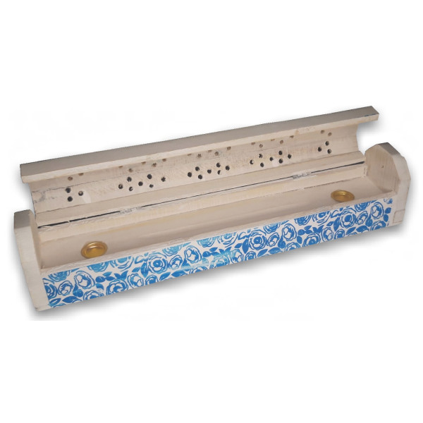Porte encens grande boite blanche sérigraphiée bleu -  Portes encens