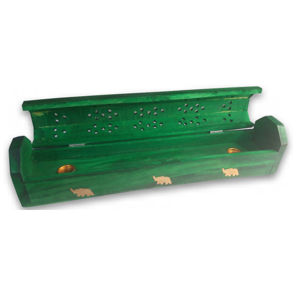 Porte encens grande boite verte motifs éléphants en laiton -  Portes encens