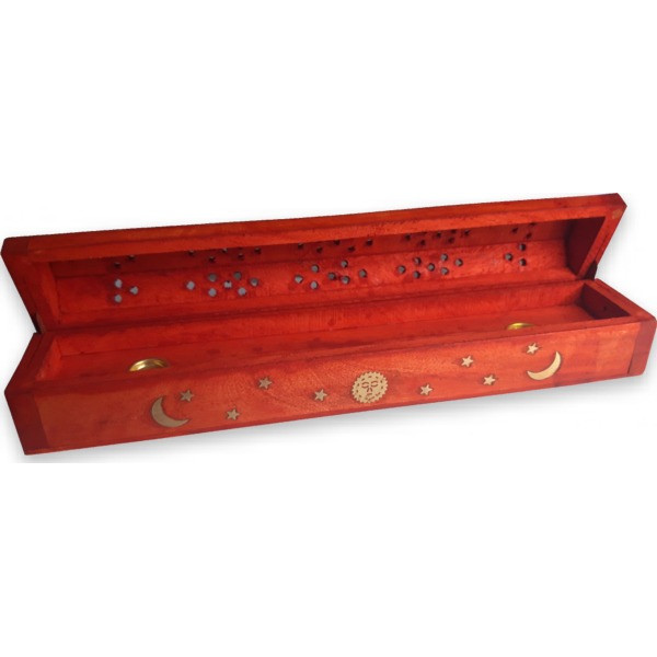 Porte encens grande boite rouge motifs lunes & étoiles en laiton -  Portes encens