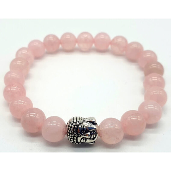 Bracelet quartz rose perles de 8 mm avec tête de bouddha -  Pierres Lithothérapie