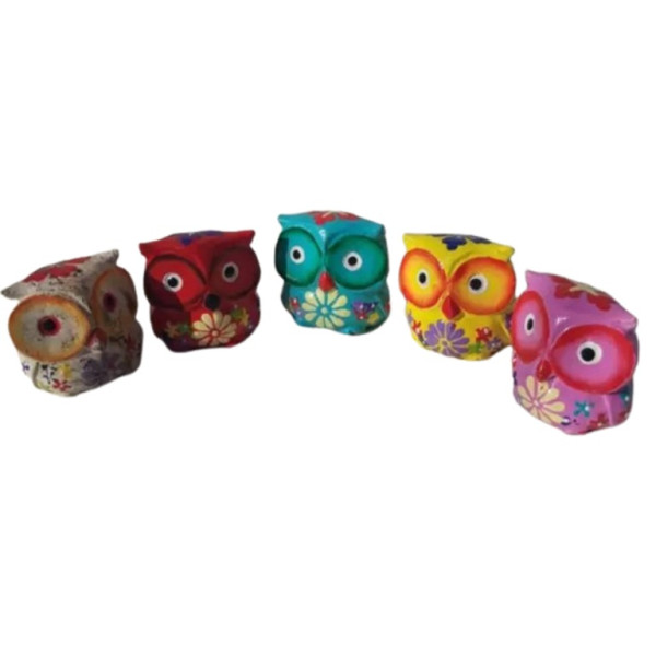 Lot de 5 chouettes décoratives en bois coloré -  Déco - cadeaux