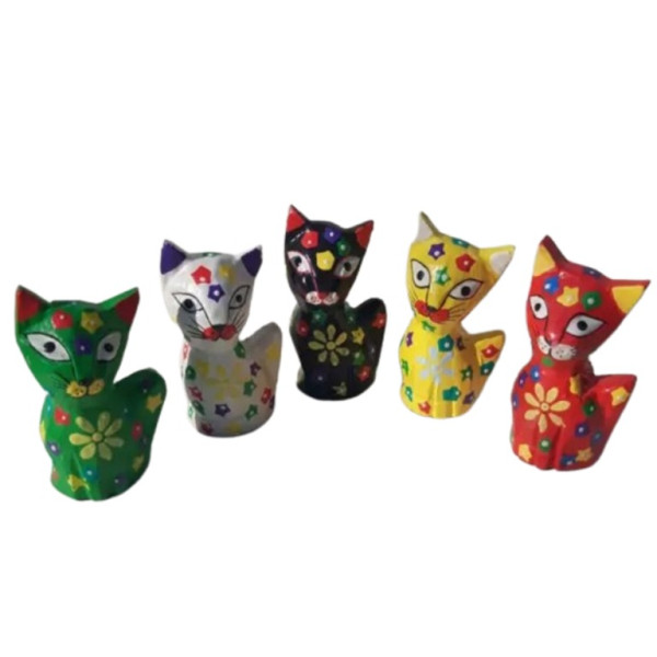 Lot de 5 chats décoratifs en bois coloré -  Déco - cadeaux