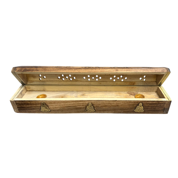 Porte encens grande boite motifs bouddha en bois de papri